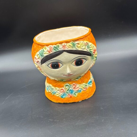 Vintage Big Eyed Face Planter Vase Nippon Yoko Boeki Japan 1950s Orange Kitsch